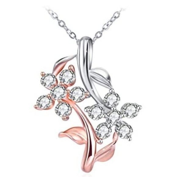 J. Rosee 925 Silver Rose Gold Cubic Zirconia Flower Pendant Necklace - Picture 1 of 5